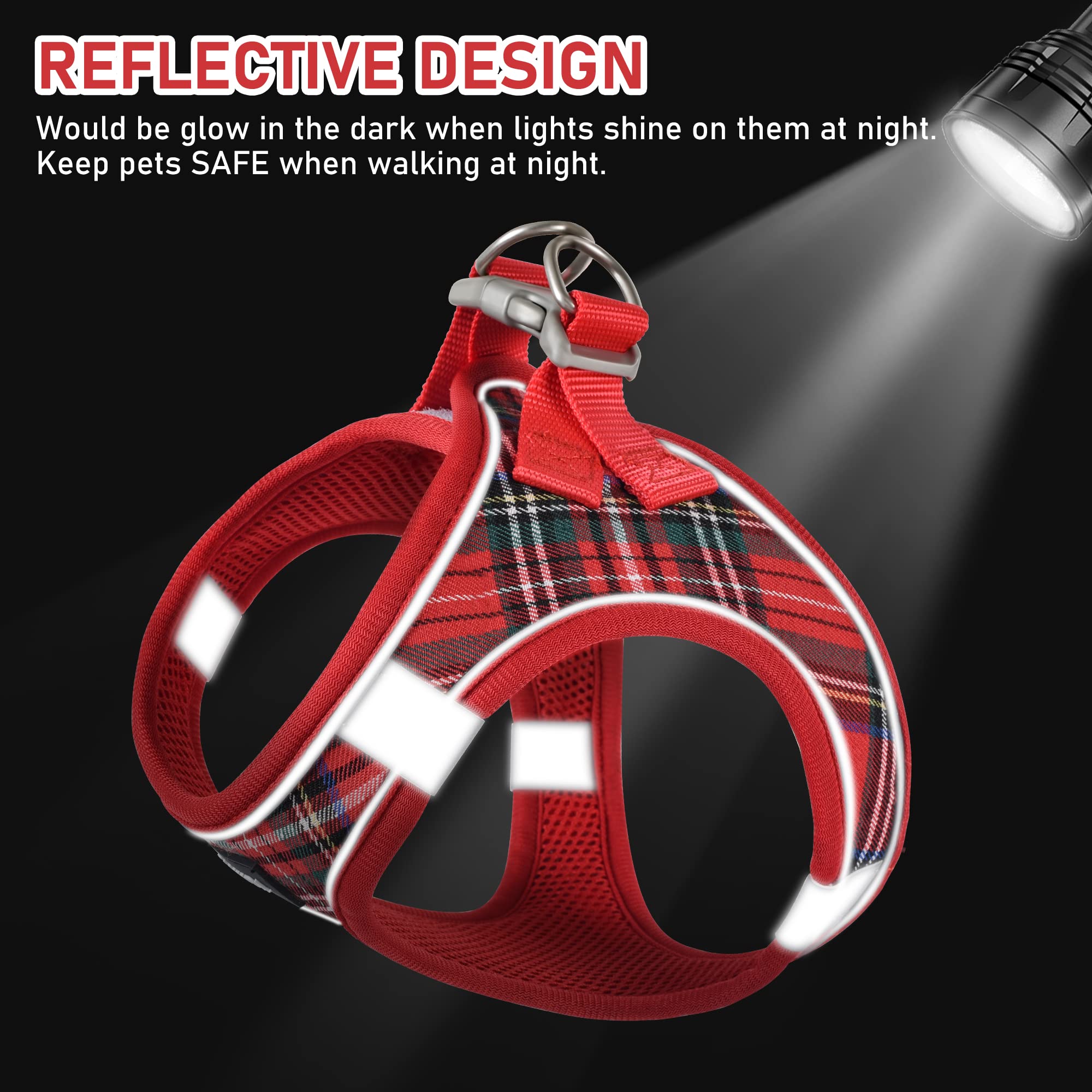 GAMUDA Small Dog Harness Collar and Leash Set, Step in No Chock No Pull Soft Mesh Adjustable Dog Vest Harnesses Plaid Reflective for Dogs Puppy Cats Kitten Rabbit (Red, L)