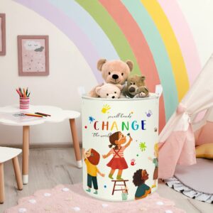 Clastyle 45L Small Hands Change The World Kid Laundry Basket Colorful Inspirational Quote Rainbow Nursery Hamper with Drawstring Round Toy Clothes Storage Basket for Back to School