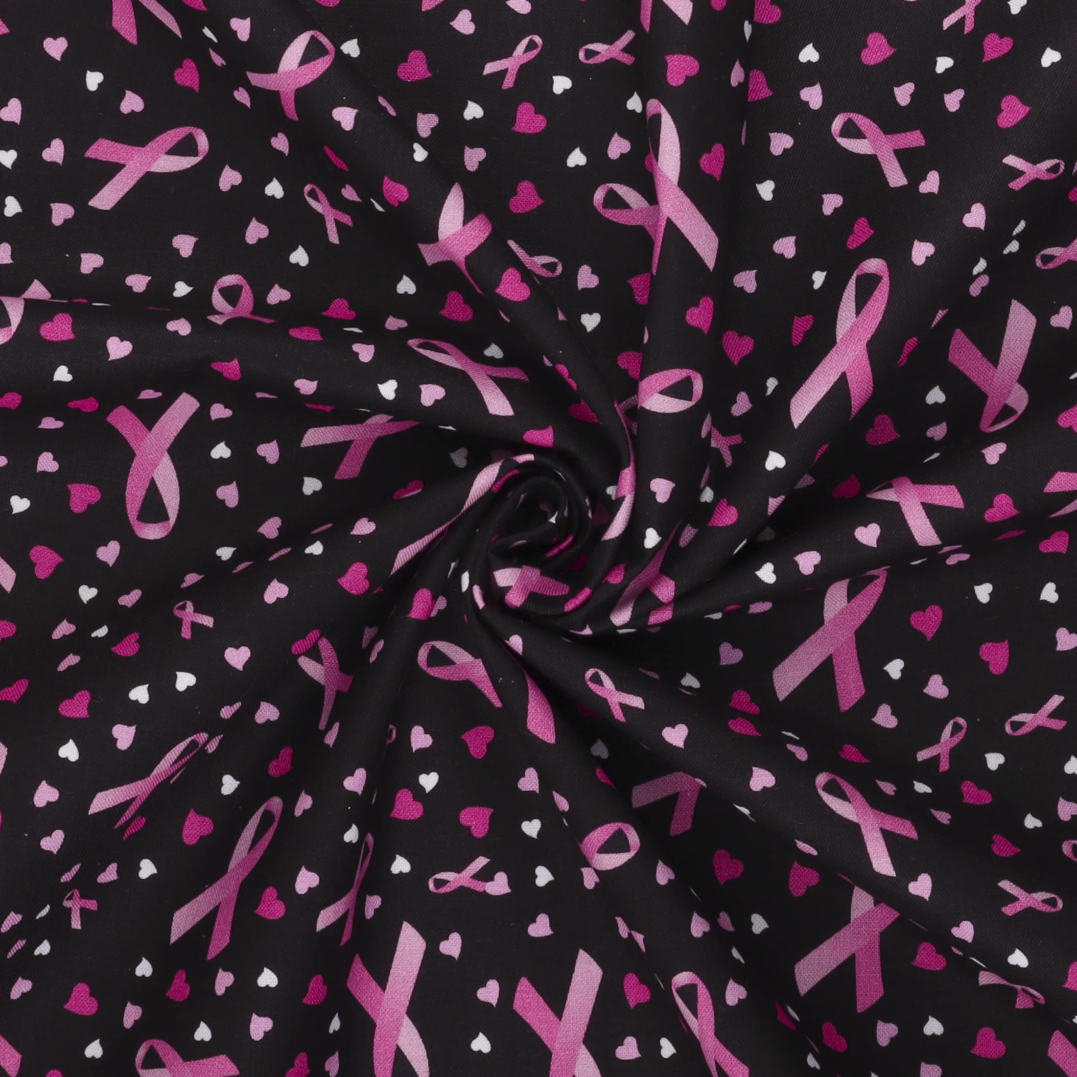 Mook Fabrics Cotton Cancer Awareness Ribbon Hearts, Black/Pink Cut by The yard