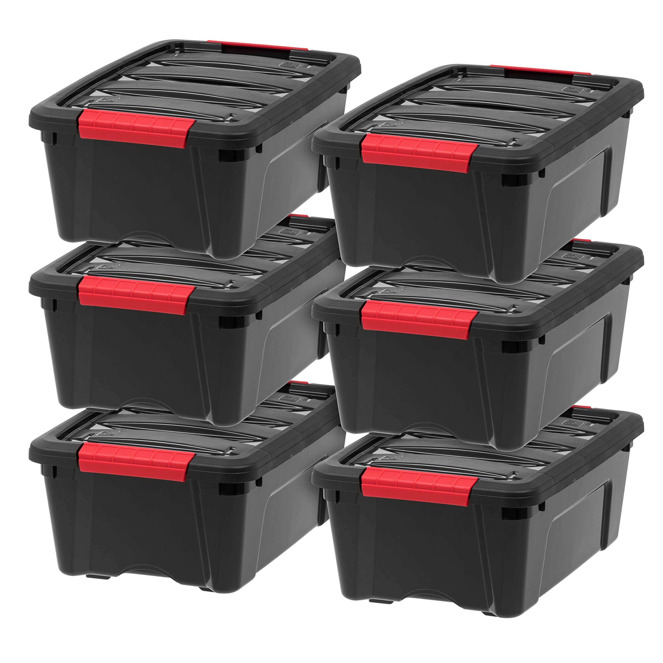 IRIS USA 12 Pack 12qt Black and Pearl Plastic Storage Bins with Lid and Buckles | Set of 12