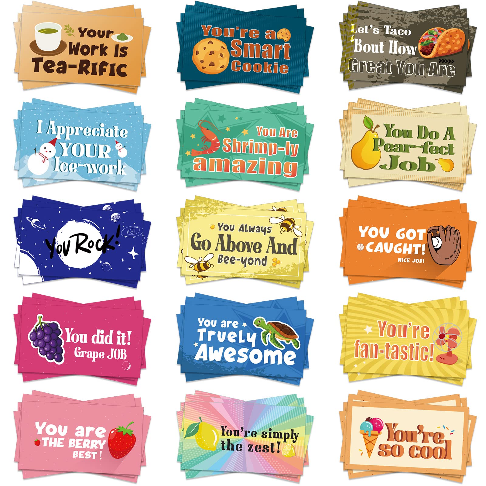 Honoson 300 Pieces Employee Appreciation Cards Bulk Inspirational Punny Cards Thank You Encouragement Cards Funny Affirmation Gifts Staff Business Cards for Team Teacher 15 Design