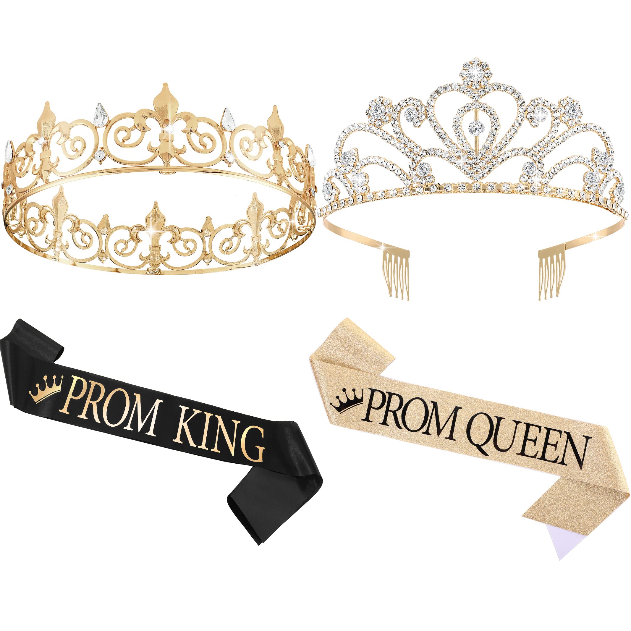 Lyrow 4 Pcs Prom Crowns and Sashes Set Halloween Prom King and Queen Tiara with Sash Birthday Party Graduation Accessories(Gold, Black)