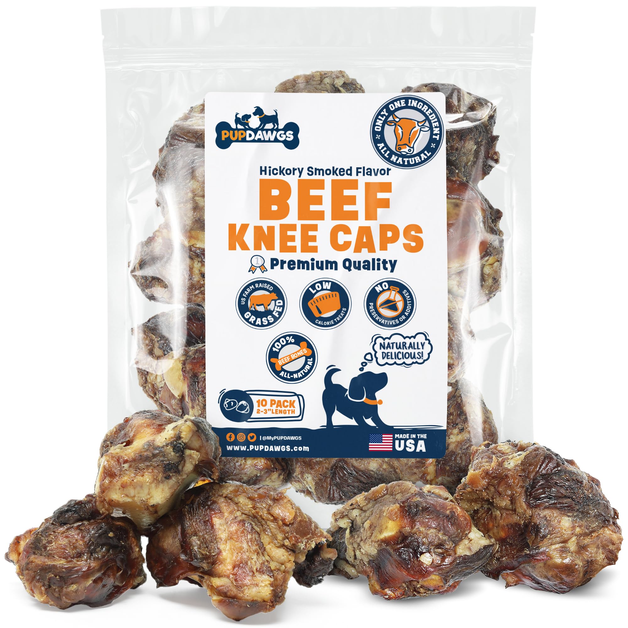 PUPDAWGS Single Ingredient Dog Bone Made in USA - Beef Knee Caps - 100% Natural Dog Bones for Aggressive Chewers - from USDA Inspected Beef - Hickory Smoked - Individually Wrapped (10 Piece Pack)