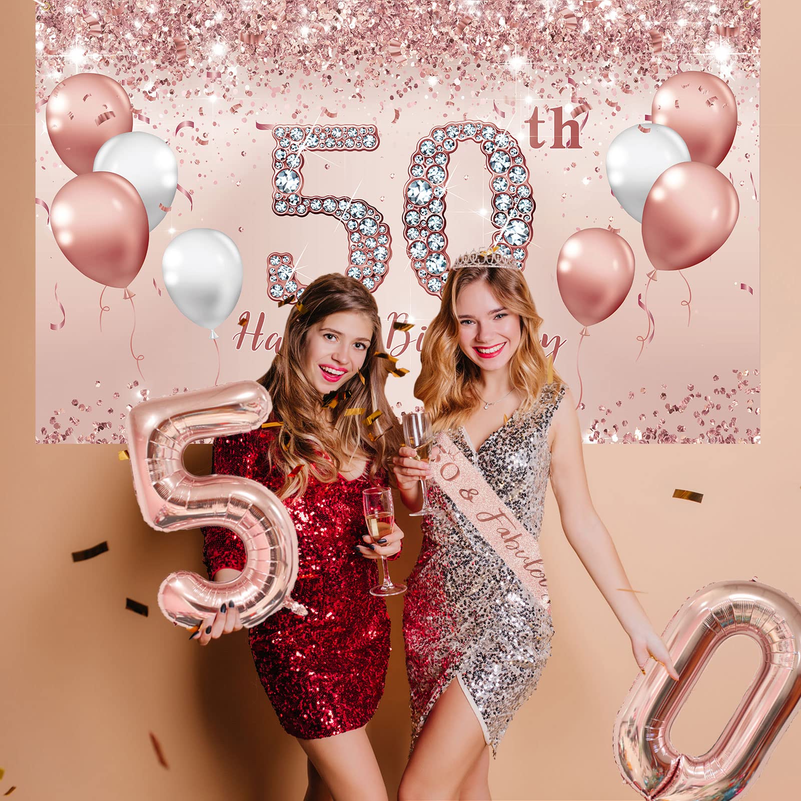 Trgowaul 50th Birthday Decorations Party Set for Women, Rose Gold 50 Birthday Banner and Tablecloth, 50th Fabulous Sash and Tiara, 1PC Happy 50th Birthday Cake Topper, Pink Gold 50 Number Balloons