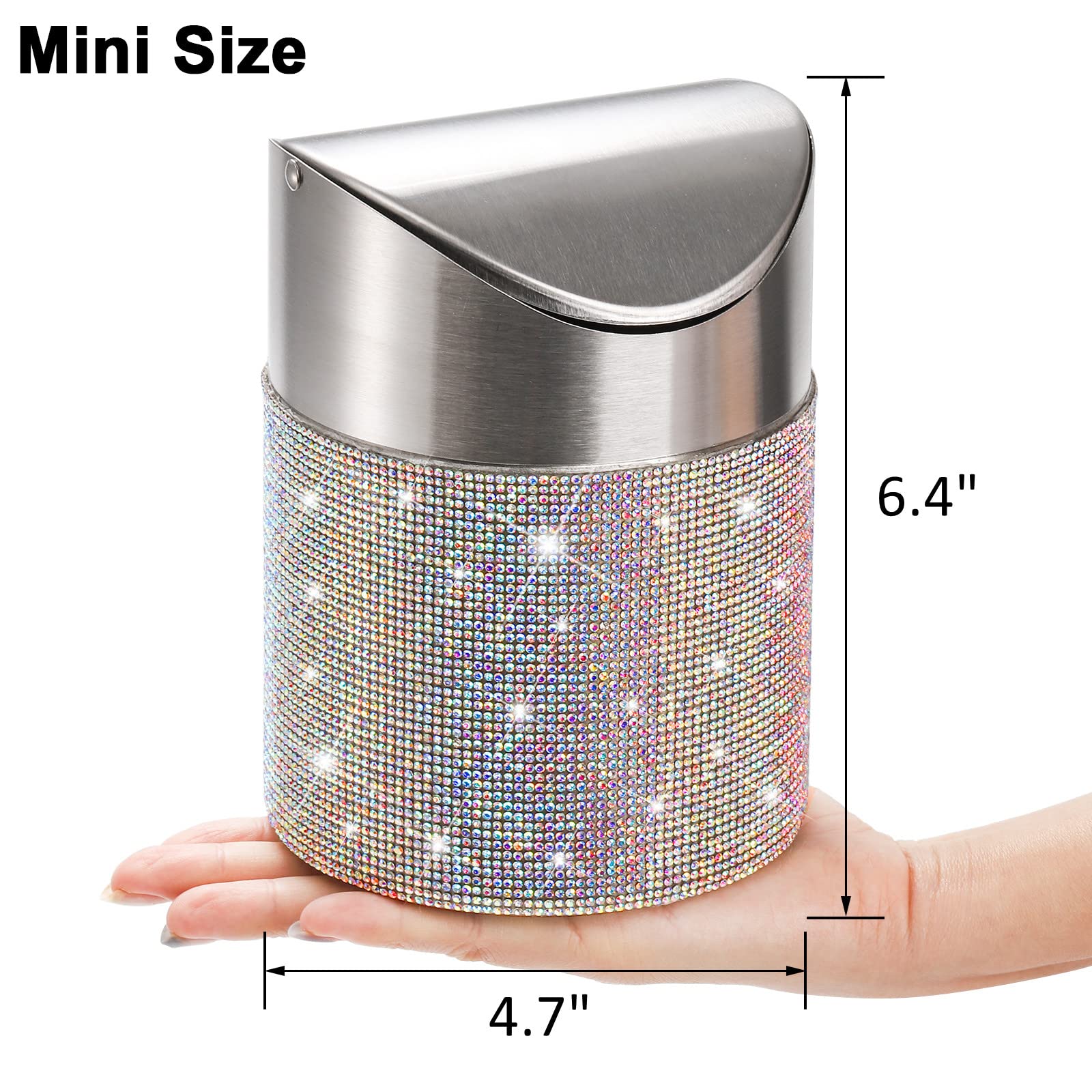 ZOOFOX Countertop Trash Can, 1.5 Liter Bling Rhinestone Garbage Bin with Swing Lid for Home, Office, Vanity Tabletop, Bedroom, Bathroom