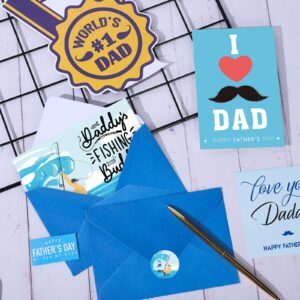 Whaline 24 Pack Father's Day Greeting Cards Happy Father's Day Note Cards with Blue Envelopes & Stickers I Love Dad Gift Blank Cards for Father's Day Birthday Party Supplies, 4 x 6 Inch, 6 Design