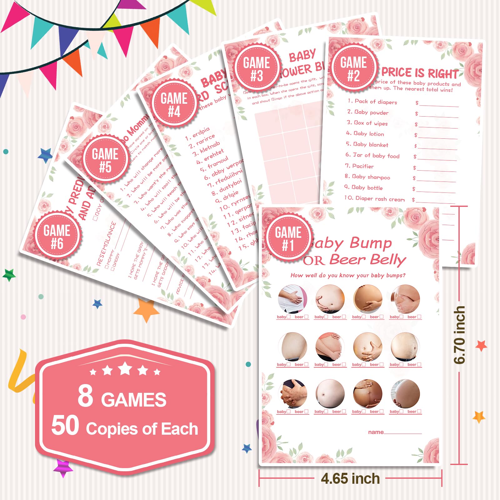 Baby Shower Games for Girl-8 Games,Fun and Easy to Play,Includes Baby Shower Bingo,Price is Right,Guess Who Mommy or Daddy,Word Scramble,Prediction and Advice,How Big is Mommys Belly,Pacifier Hunt