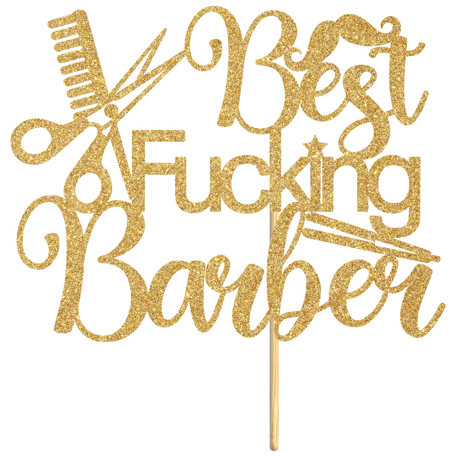 Best Fucking Barber Cake Topper, Congrats Barber, Class of 2024 Cosmetology School Graduation Themed Party Decorations Supplies, Gold Glitter