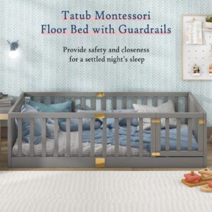 Tatub Montessori Twin Floor Bed with Safety Guardrails, Door Installs Left or Right - Grey Wood Frame