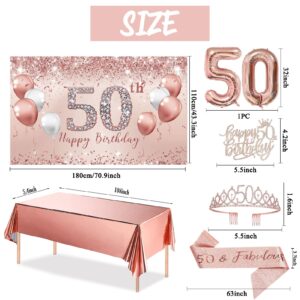 Trgowaul 50th Birthday Decorations Party Set for Women, Rose Gold 50 Birthday Banner and Tablecloth, 50th Fabulous Sash and Tiara, 1PC Happy 50th Birthday Cake Topper, Pink Gold 50 Number Balloons