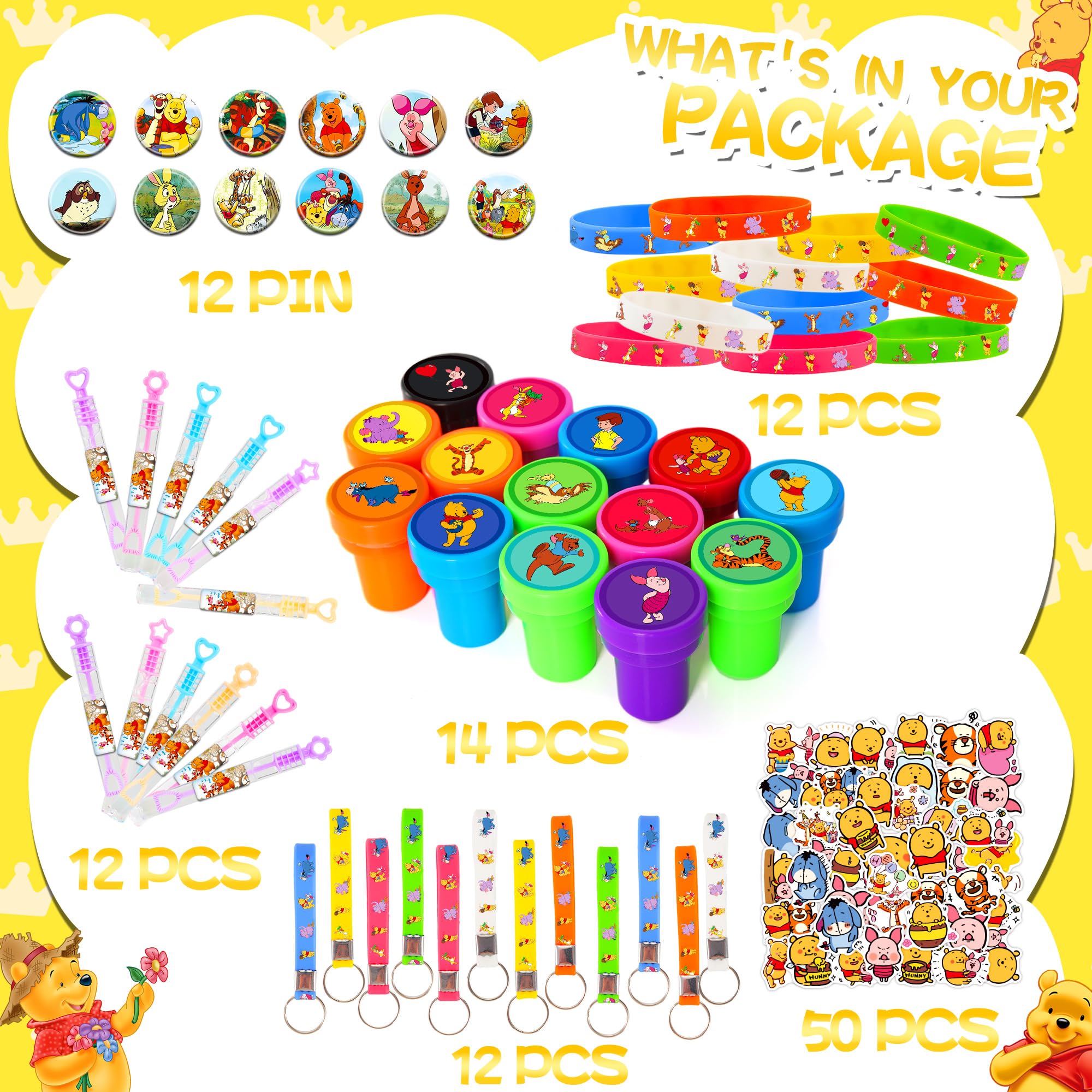 Nacipier 124PCS Bear Baby Shower Party Favor Supplies, Themed Birthday Decorations Including 12 Bracelets, 12 Keychains, 12 Button Pins, 50 Stickers, 14 Stampers, 12 Bubble Wands and Stickers