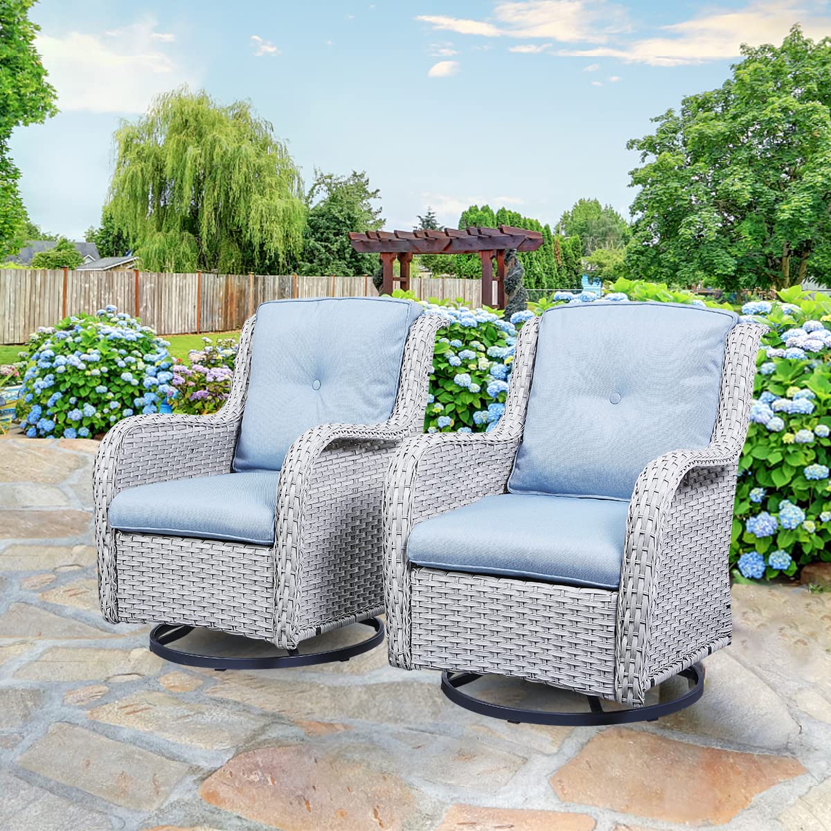 HUMMUH Patio Furniture 6 Pieces Outdoor Furniture Set Wicker Outdoor Sectional Sofa with Swivel Rocking Chairs,Patio Ottomans,Patio Coffee Table(Light Grey/Light Blue)