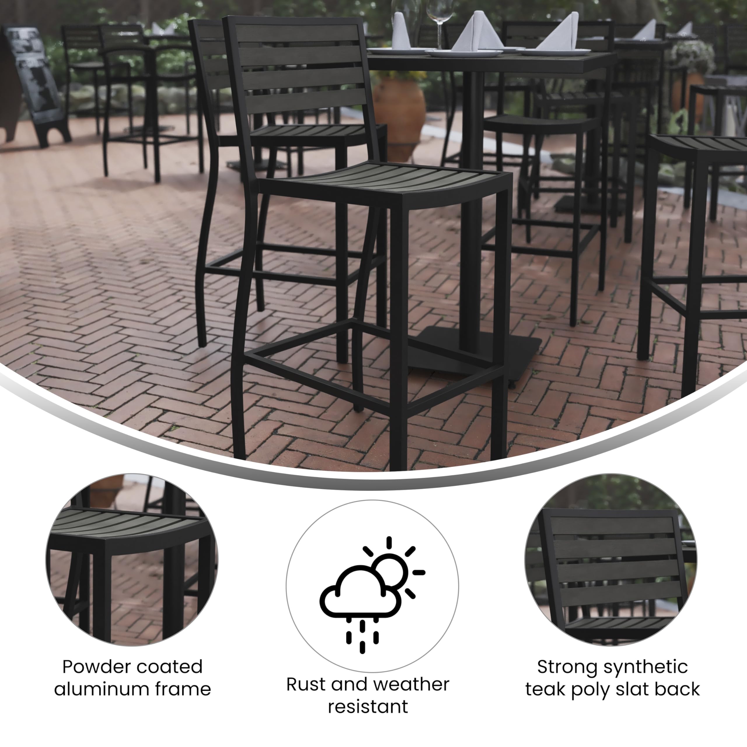 Flash Furniture Lark Commercial Grade Bar Height Stool, All-Weather Outdoor Bar Stool with Faux Wood Poly Resin Slats and Aluminum Frame, Gray Wash