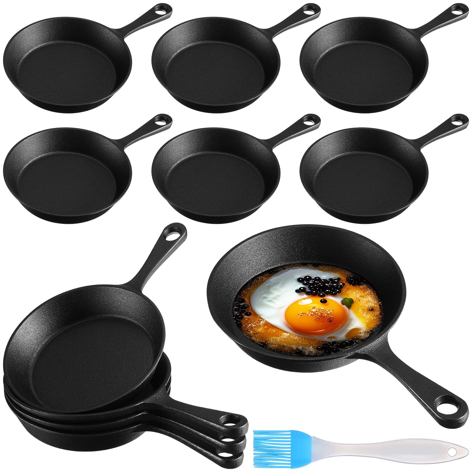 10 Sets Mini Cast Iron Skillets Small Black Cast Iron Skillet Mini Sizzling Plate Cast Iron Skillets Mini Frying Pan Cast Iron Set with Oil Brush for Indoor Outdoor Restaurant Kitchen (Round)