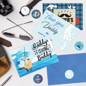 Whaline 24 Pack Father's Day Greeting Cards Happy Father's Day Note Cards with Blue Envelopes & Stickers I Love Dad Gift Blank Cards for Father's Day Birthday Party Supplies, 4 x 6 Inch, 6 Design