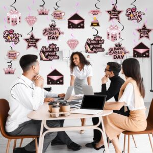 48 PCS Boss Day Decorations Pink and Black Happy Boss's Day Party Banner National Bosses Day Decorations for Women Office Hanging Streams Ceiling Swirls Rose Gold Glitter Supplies Favors Decor