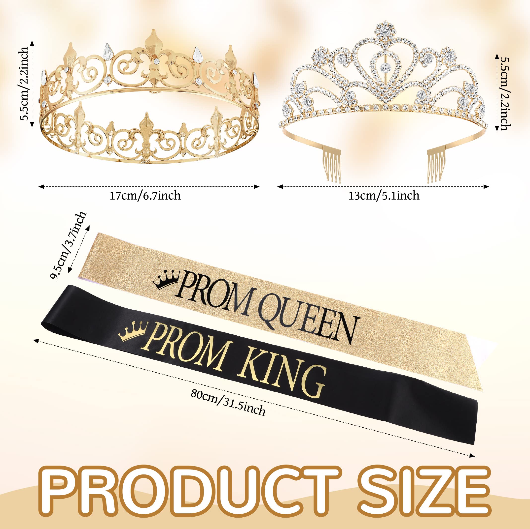 Lyrow 4 Pcs Prom Crowns and Sashes Set Halloween Prom King and Queen Tiara with Sash Birthday Party Graduation Accessories(Gold, Black)