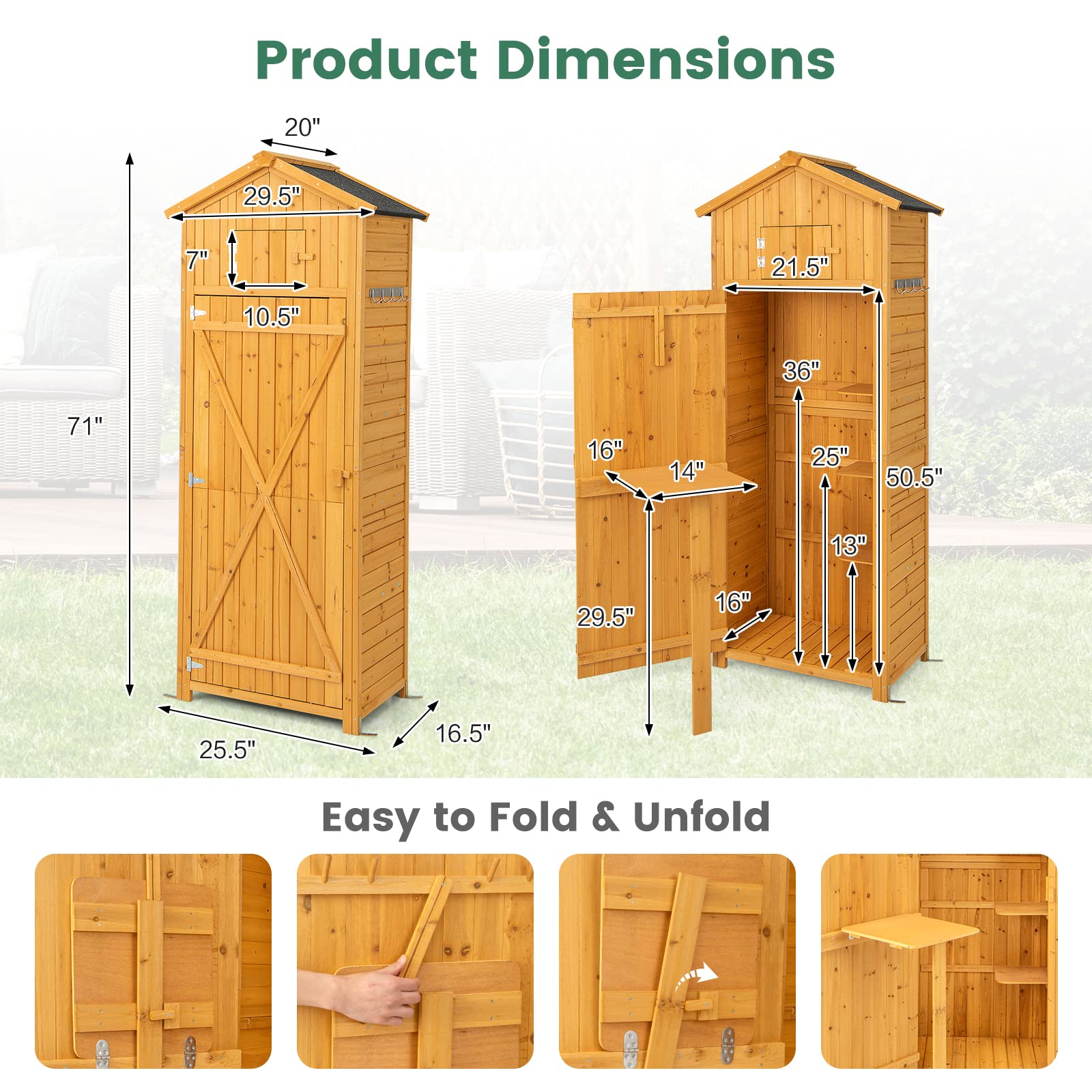 Goplus Outdoor Storage Shed, Wooden Garden Storage Cabinet with Lockable Doors, Foldable Table, Hooks, Utility Tool Organizer with Shelves, Waterproof Outside Tool Shed for Patio Backyard Lawn