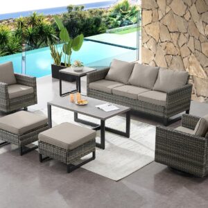 HUMMUH 7 Piece Patio Furniture Set Outdoor Sectional Sofa,High Back Patio Swivel Rocker Chairs with Ottomans Coffee Table for Porch,Garden,Backyard