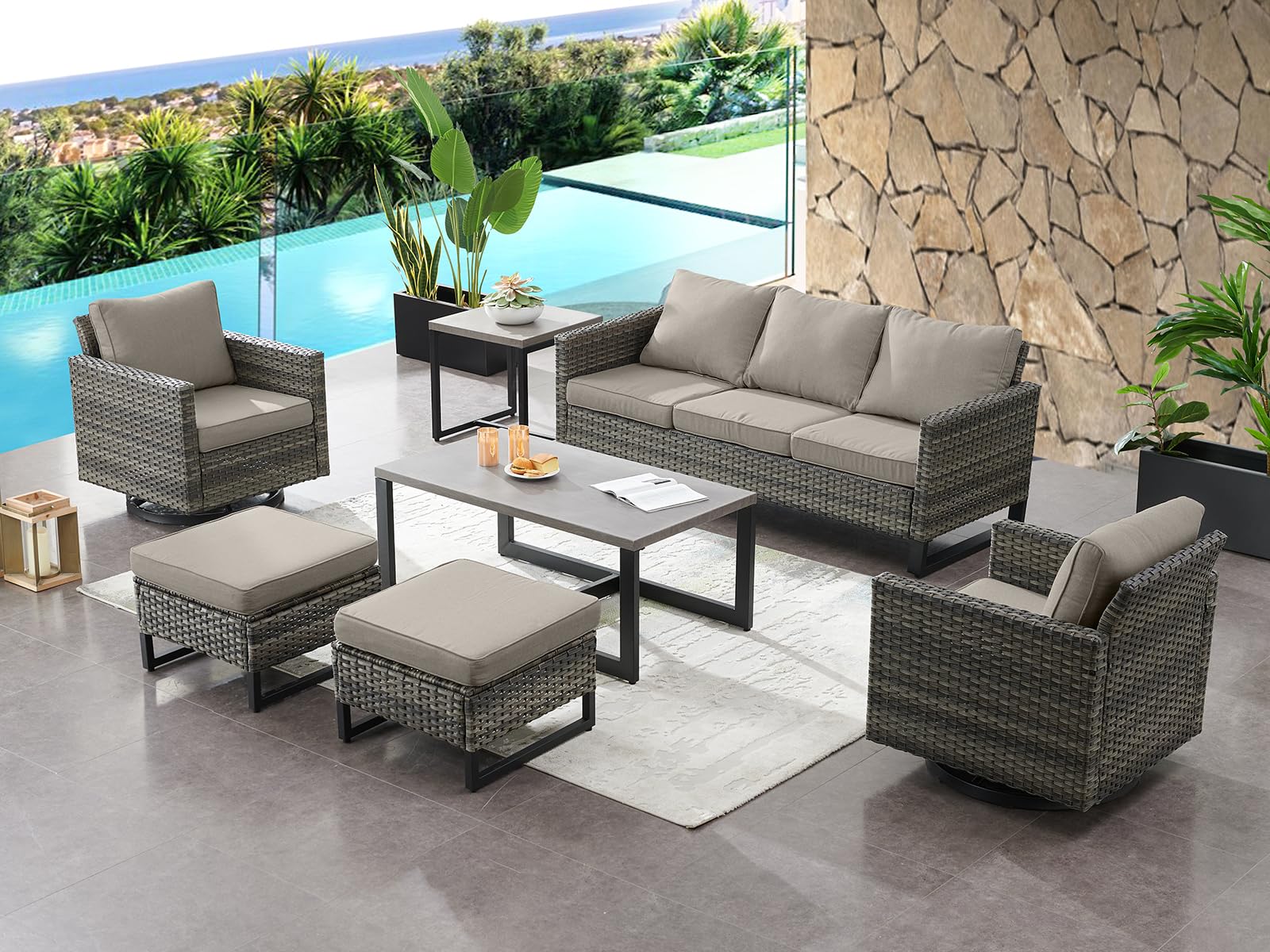 HUMMUH 7 Piece Patio Furniture Set Outdoor Sectional Sofa,High Back Patio Swivel Rocker Chairs with Ottomans Coffee Table for Porch,Garden,Backyard