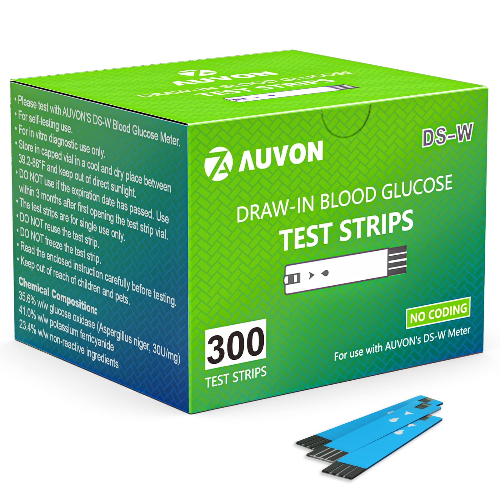 AUVON DS-W Draw-in Blood Glucose Test Strips for use with AUVON DS-W Diabetes Sugar Testing Meter (No Coding Required, 300 Count)