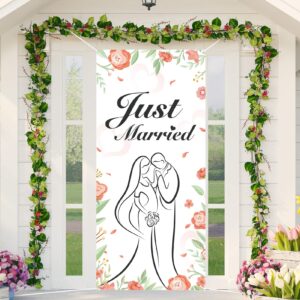 dpkow pink white just married banner (6x3 feet) - premium wedding engagement party decoration, bridal shower door cover, romantic rose design, tear resistant, reusable