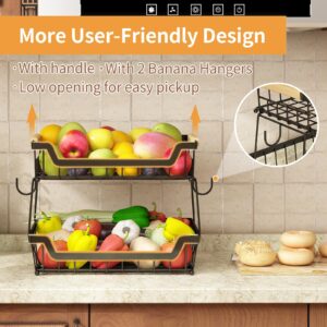 GILLAS 2 Tier Countertop Fruit Basket with 2 Banana Hangers for Kitchen, Detachable Metal Organizer for Bread Vegetable Fruits with Wooden Handle, Large Capacity Rectangular Storage Stand Bowls, Black