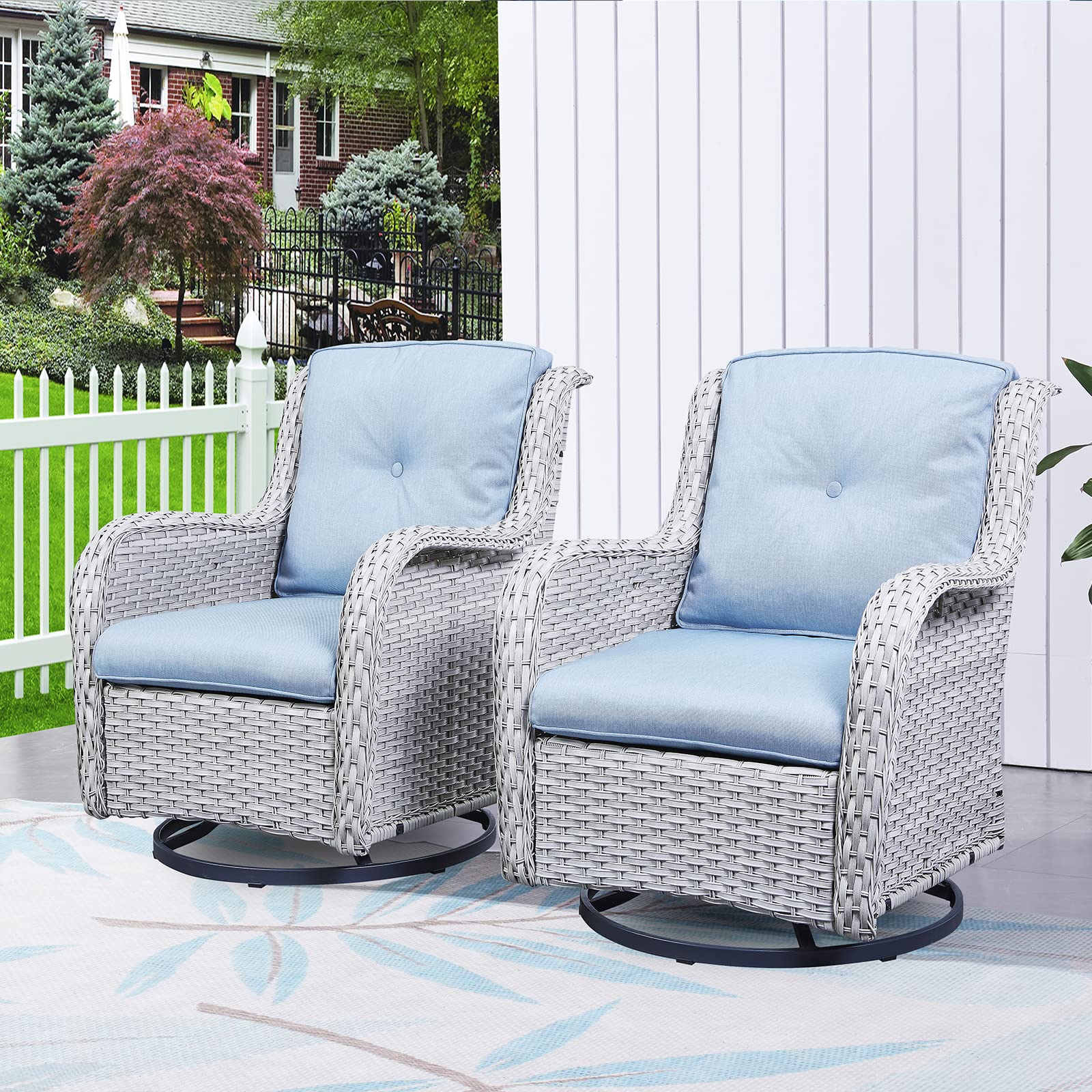 HUMMUH Outdoor Swivel Rocker Wicker Patio Chairs Set of 2, Rattan Rocking Chair Furniture Set(Light Grey,Light Blue)