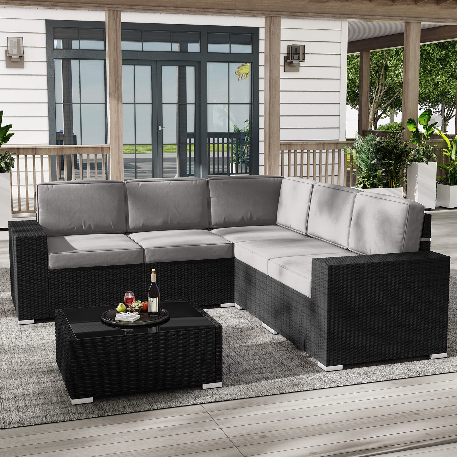 LayinSun Outdoor Patio Furniture Set 6 Pieces Sectional Conversation Sofa Set Black Rattan Sofa Set with Coffee Table