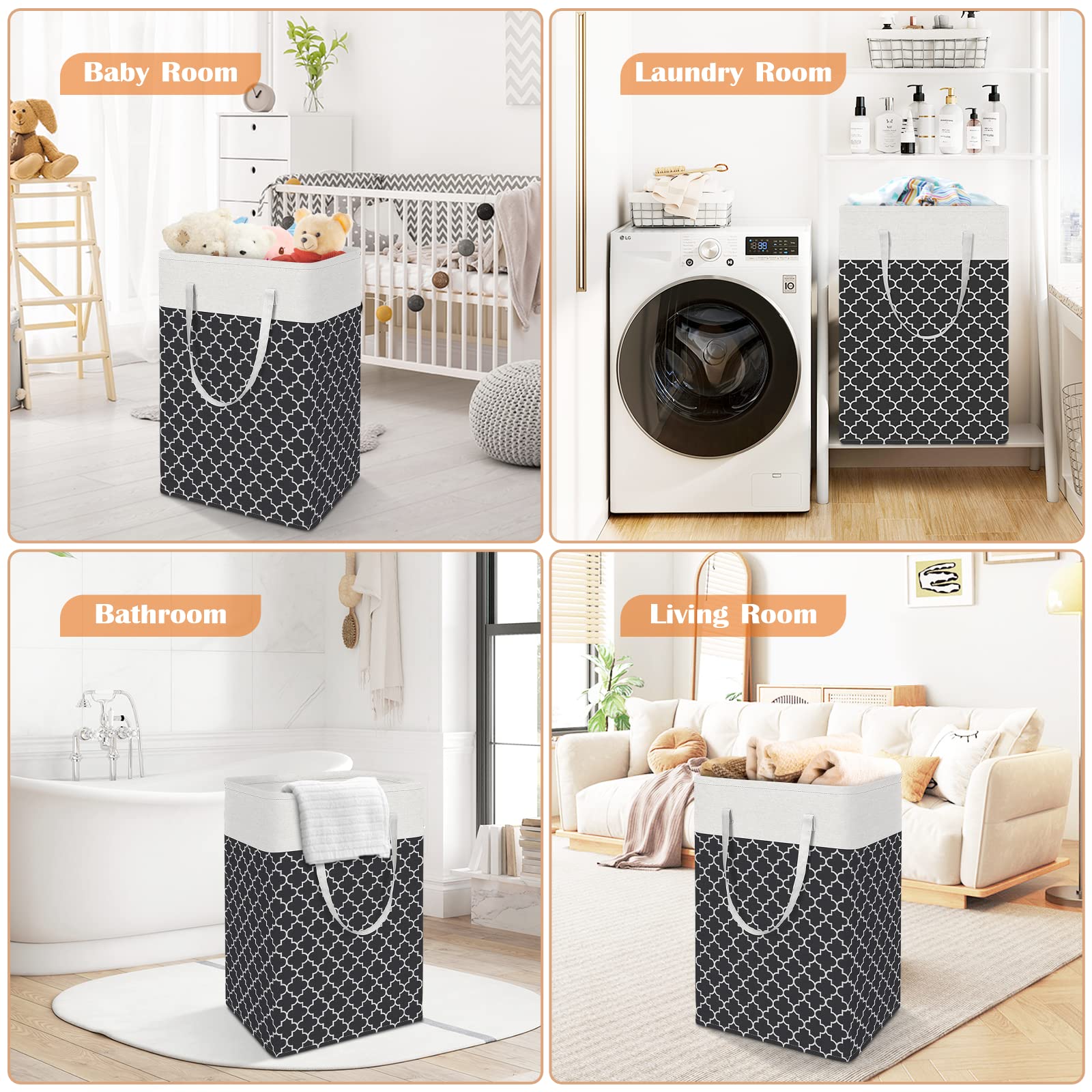 ToteTastic 3-Pack Laundry Basket, Freestanding＆Waterproof Laundry Hamper, Collapsible Tall Clothes Hamper with Easy Carry Handles for Clothes, Towels＆Toys in the Family and Dorm,Clover Black,100L