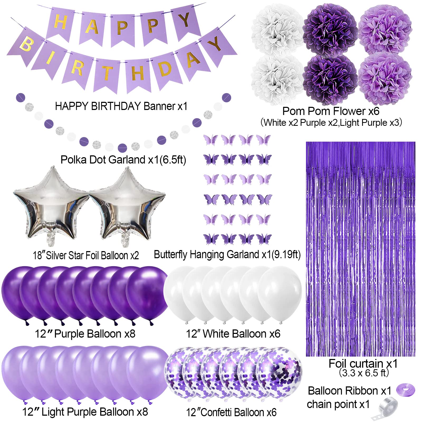 Lasocy Purple Birthday Decorations for Women Girls Butterfly Hanging Garland Purple and White Silver Lavender Party Decorations Set with Happy Birthday Banner Purple Foil Background Pompom Flower