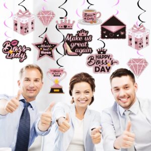 48 PCS Boss Day Decorations Pink and Black Happy Boss's Day Party Banner National Bosses Day Decorations for Women Office Hanging Streams Ceiling Swirls Rose Gold Glitter Supplies Favors Decor