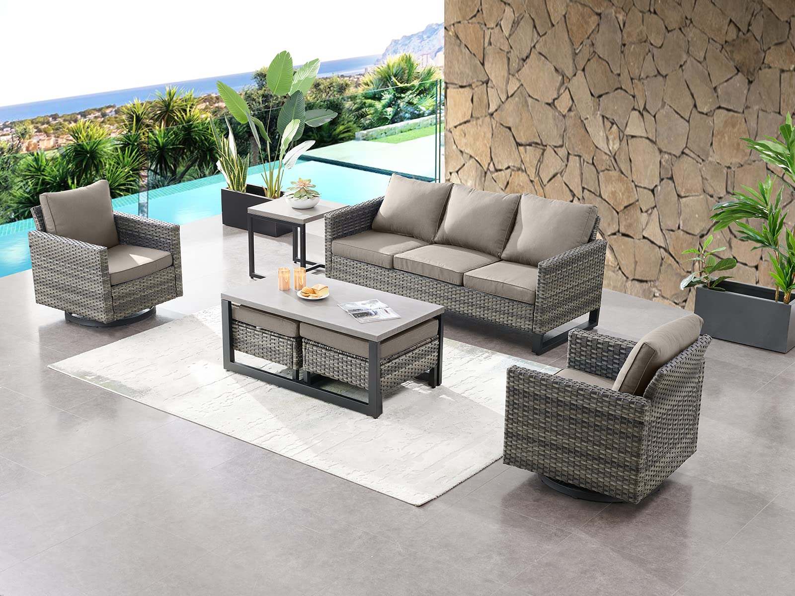 HUMMUH 7 Piece Patio Furniture Set Outdoor Sectional Sofa,High Back Patio Swivel Rocker Chairs with Ottomans Coffee Table for Porch,Garden,Backyard