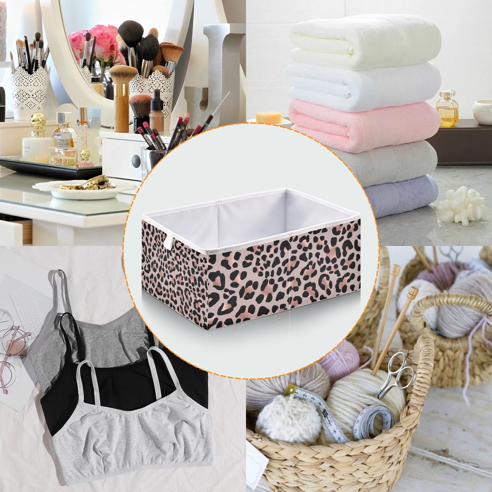 Pink Leopard Print Cheetah Basket Cube Storage Bins Fabric Storage Baskets Collapsible Decorative Storage Box with Handles Organizer Bag for Shelf Closet Toy Gift 15 x 11 x 7