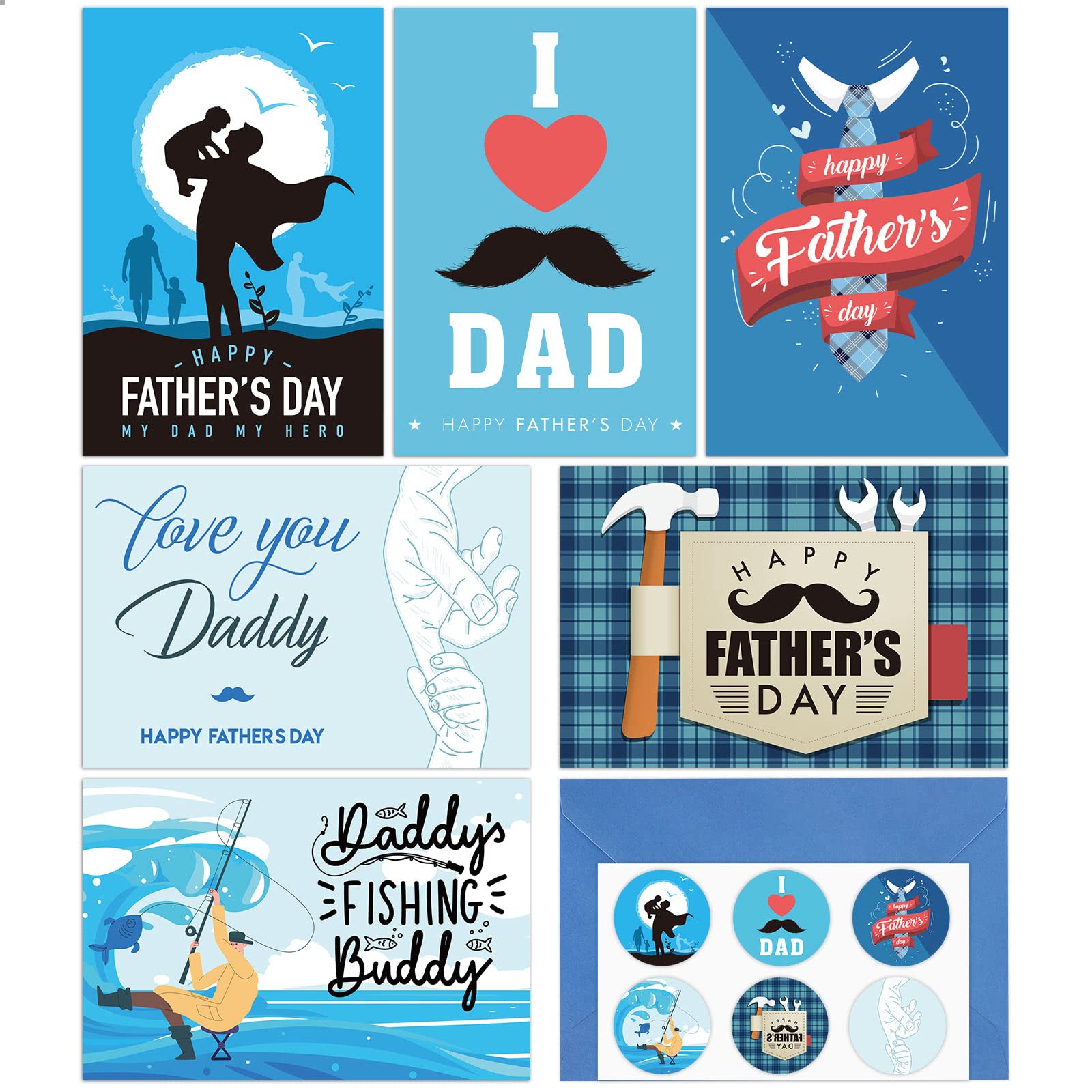 Whaline 24 Pack Father's Day Greeting Cards Happy Father's Day Note Cards with Blue Envelopes & Stickers I Love Dad Gift Blank Cards for Father's Day Birthday Party Supplies, 4 x 6 Inch, 6 Design