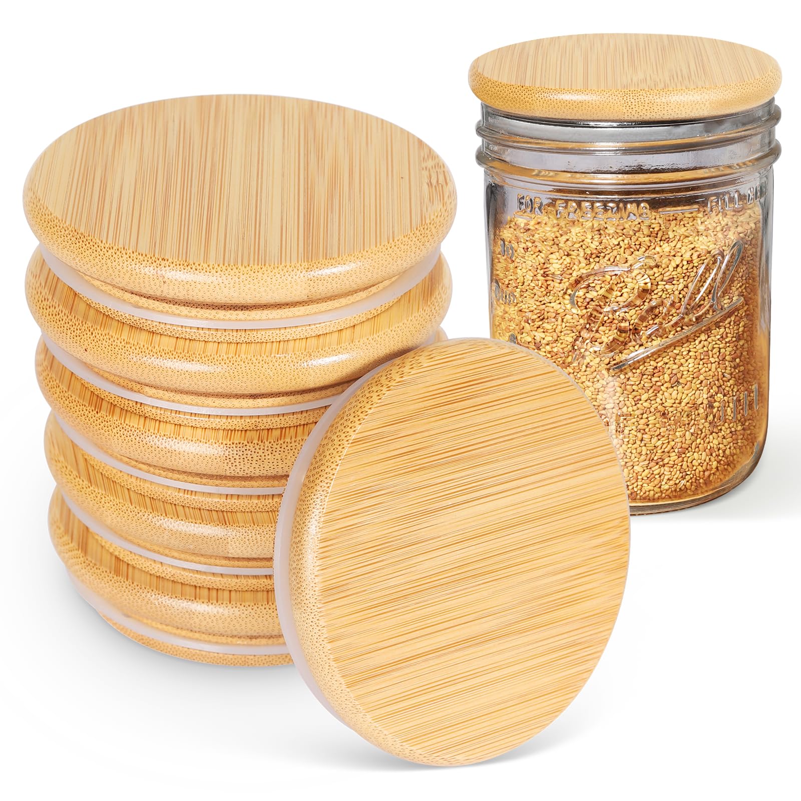 Bamboo Mason Jar Lids, Wooden Ball Jar Lids with Airtight Silicone Seal, Perfect for Dry food Storage. (6PCS-Wide)