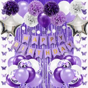 lasocy purple birthday decorations for women girls butterfly hanging garland purple and white silver lavender party decorations set with happy birthday banner purple foil background pompom flower