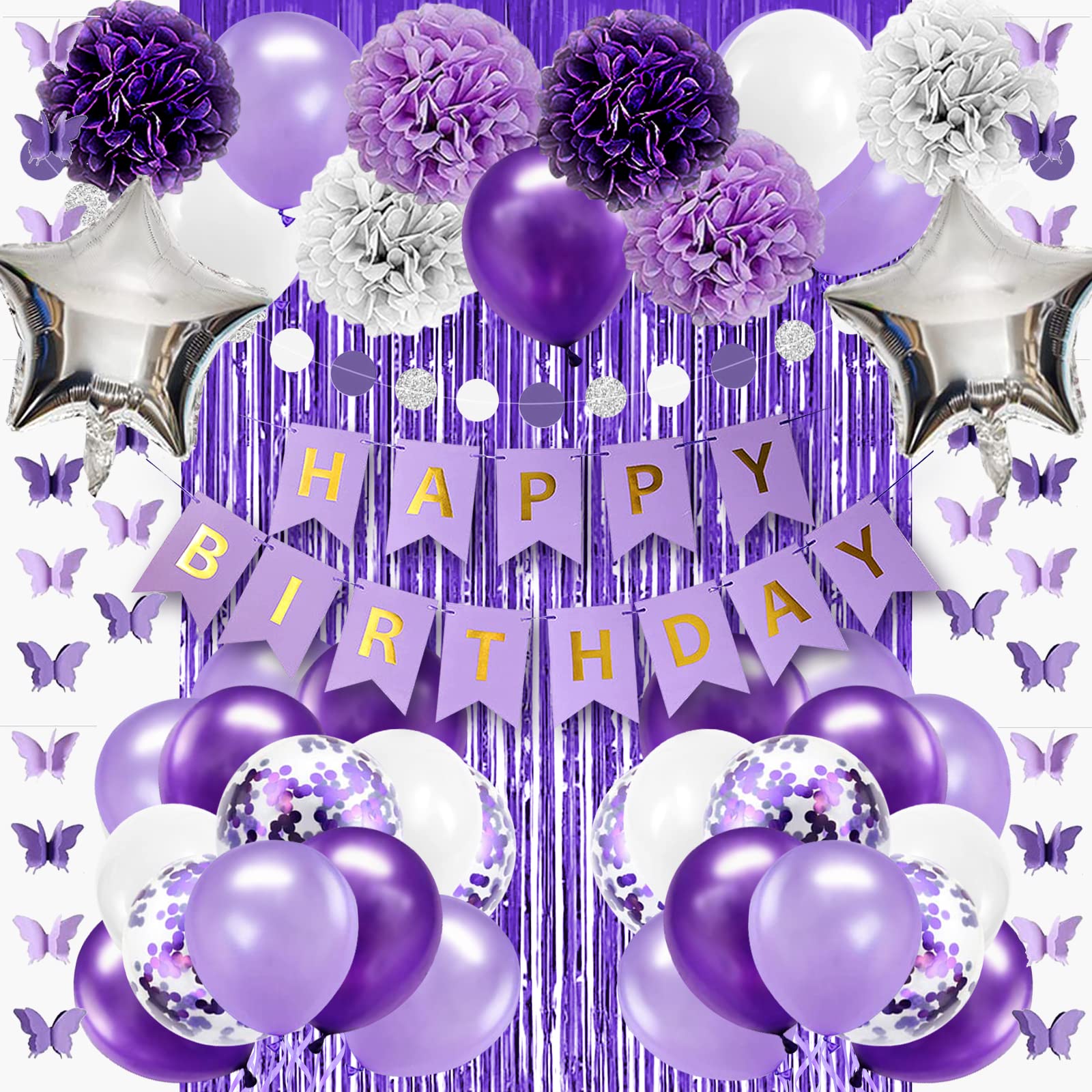 Lasocy Purple Birthday Decorations for Women Girls Butterfly Hanging Garland Purple and White Silver Lavender Party Decorations Set with Happy Birthday Banner Purple Foil Background Pompom Flower