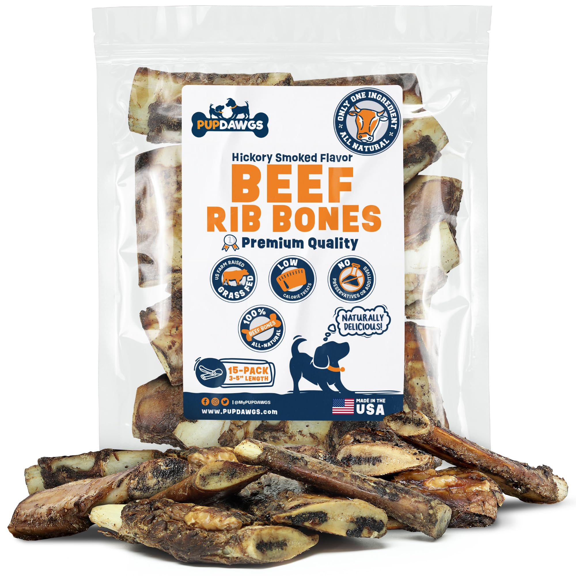 PUPDAWGS Single Ingredient Dog Bones - Made in USA - Small Beef Rib Bones - Natural Dog Bones for Aggressive Chewers - from USDA Inspected Beef - Hickory Smoked - Wrapped in Sets of 5 (15 Piece Pack)