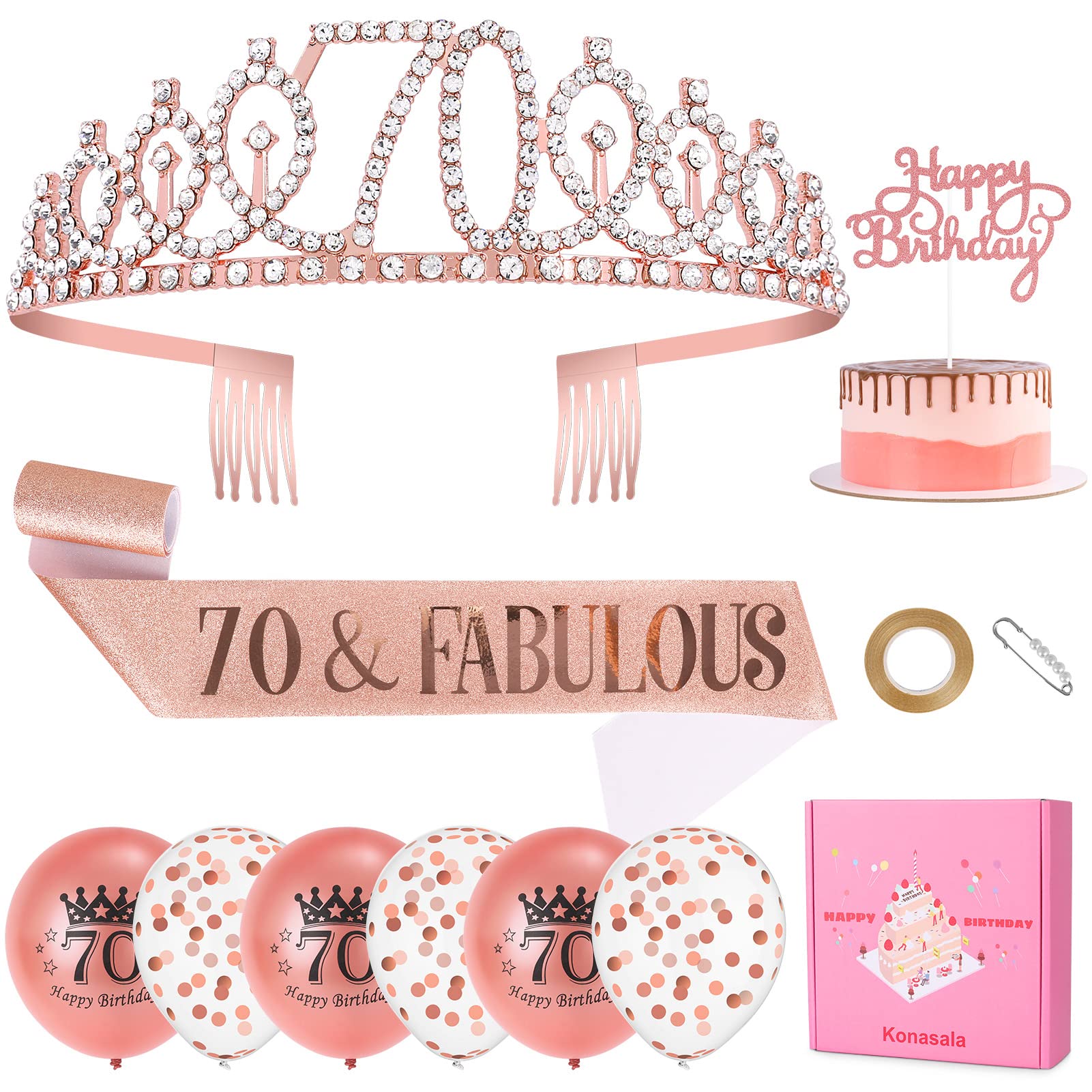 Konasala 70th Birthday Decorations for Women, Including Birthday Sash, Tiara/Crown, Cake Topper, Pearl Pin and Birthday Balloons Set, 70th Birthday Gifts for Women Rose Gold