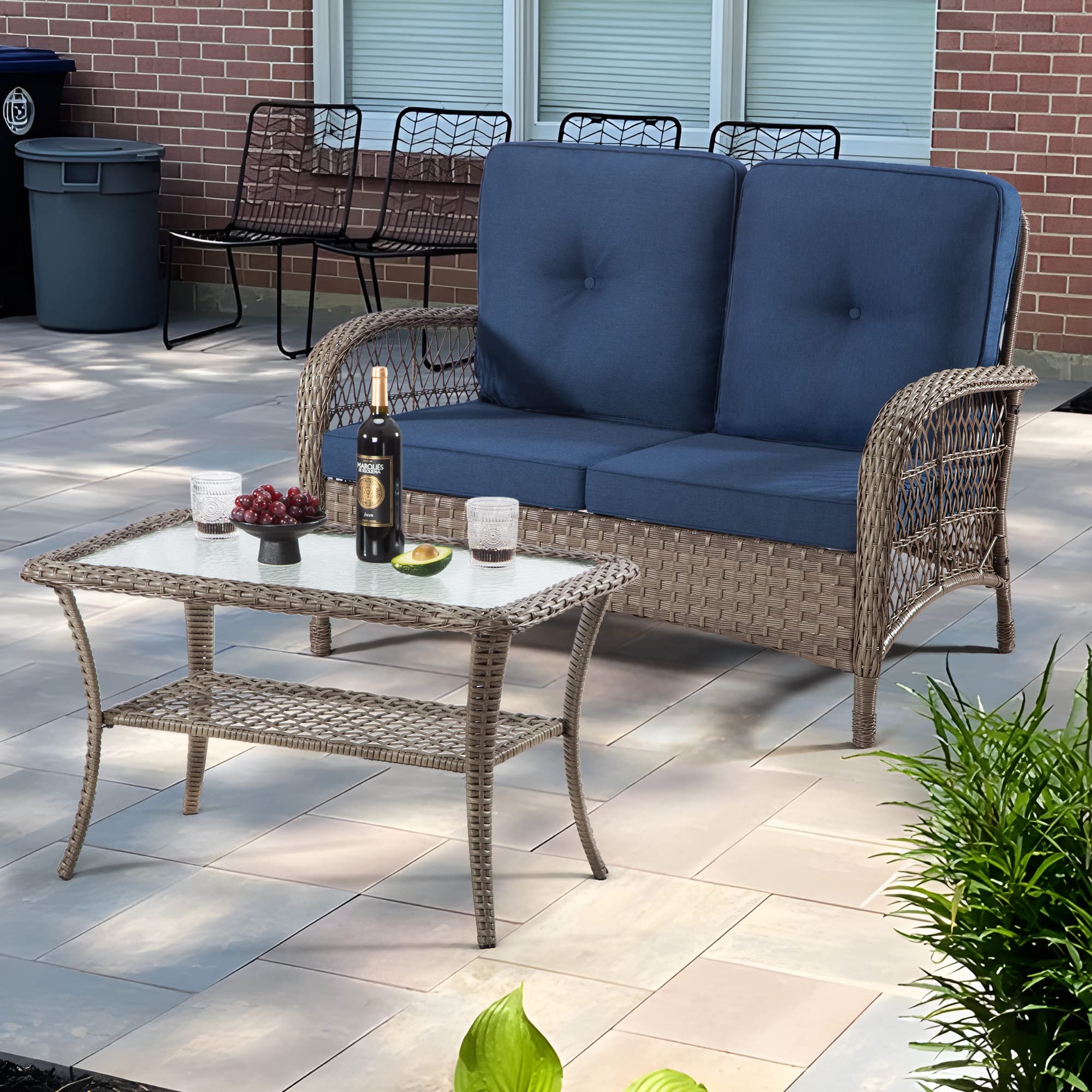 Joyside Patio Wicker Furniture Set - 2 Pieces Patio Conversation Set with One Love Seat & One Coffee Table, All Weather Resin Rattan Sofa & Table with Olefin Cushions for Patio(Brown/Blue)