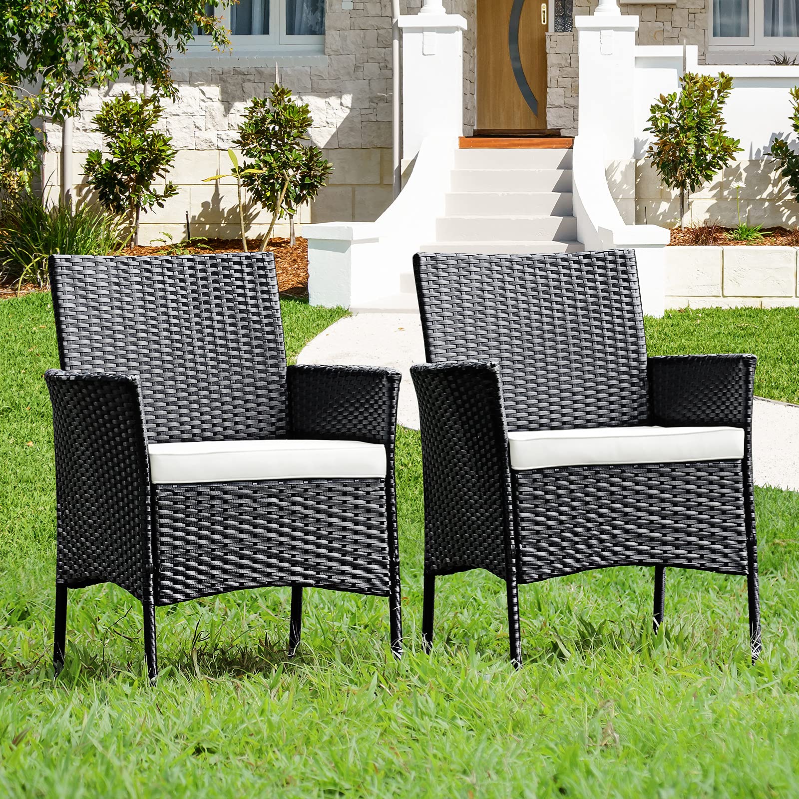 Patio Chairs Set of 2, All Weather Rattan Wicker Dining Chairs with Soft Removable Cushions, Armrest, Outdoor Dining Chairs for Garden, Pool, Backyard, Lawn, Porch, Black