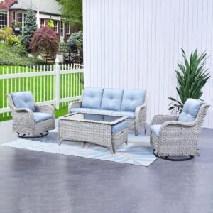 hummuh patio furniture 6 pieces outdoor furniture set wicker outdoor sectional sofa with swivel rocking chairs,patio ottomans,patio coffee table(light grey/light blue)