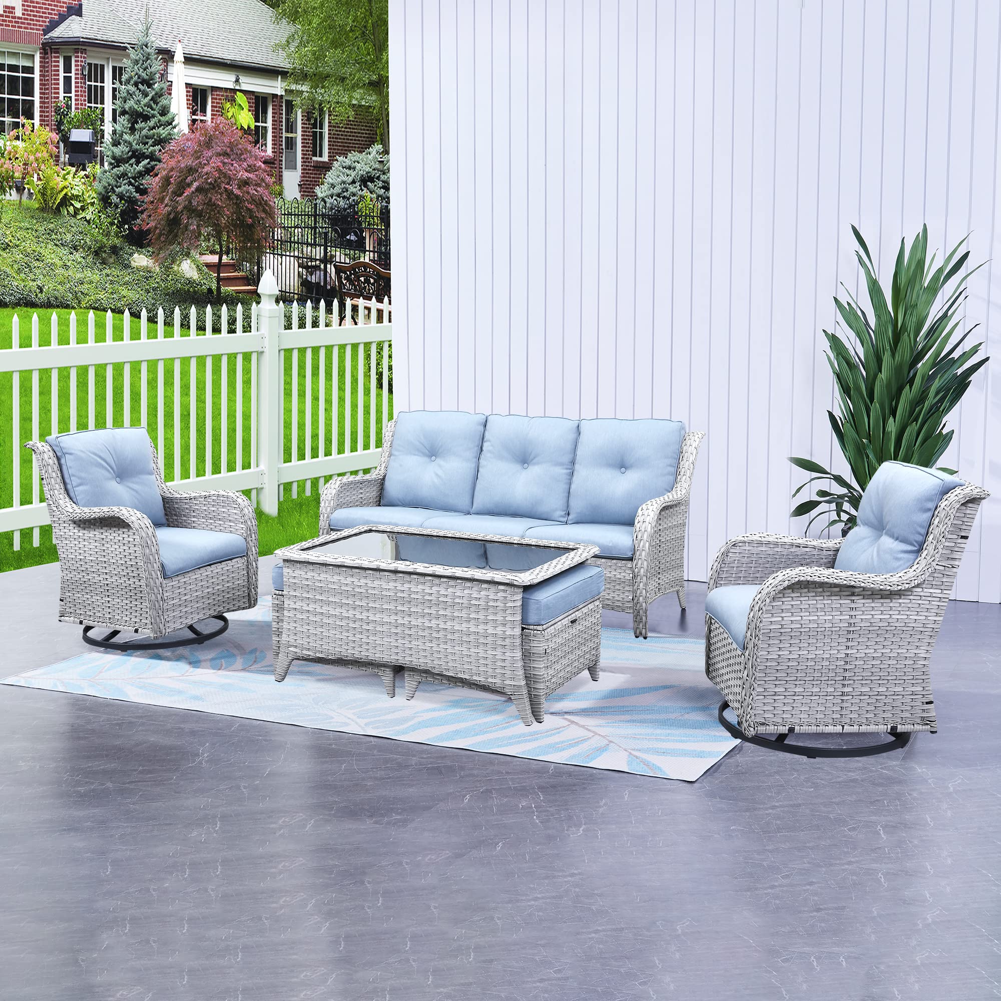 HUMMUH Patio Furniture 6 Pieces Outdoor Furniture Set Wicker Outdoor Sectional Sofa with Swivel Rocking Chairs,Patio Ottomans,Patio Coffee Table(Light Grey/Light Blue)