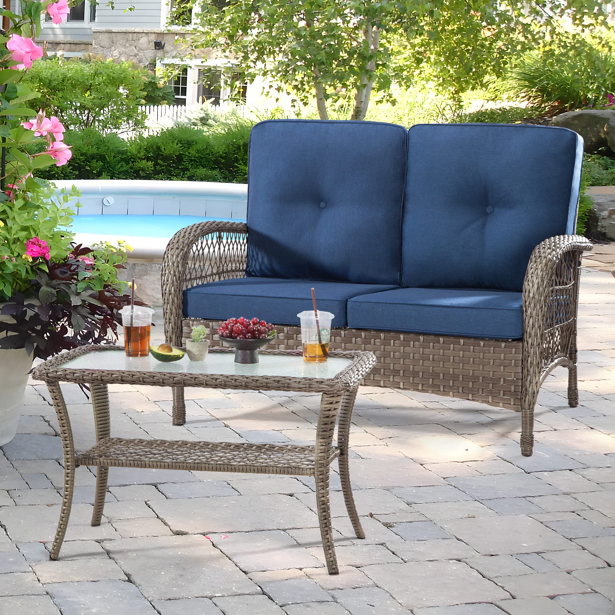 Joyside Patio Wicker Furniture Set - 2 Pieces Patio Conversation Set with One Love Seat & One Coffee Table, All Weather Resin Rattan Sofa & Table with Olefin Cushions for Patio(Brown/Blue)