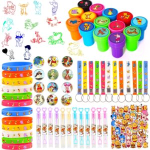 nacipier 124pcs bear baby shower party favor supplies, themed birthday decorations including 12 bracelets, 12 keychains, 12 button pins, 50 stickers, 14 stampers, 12 bubble wands and stickers