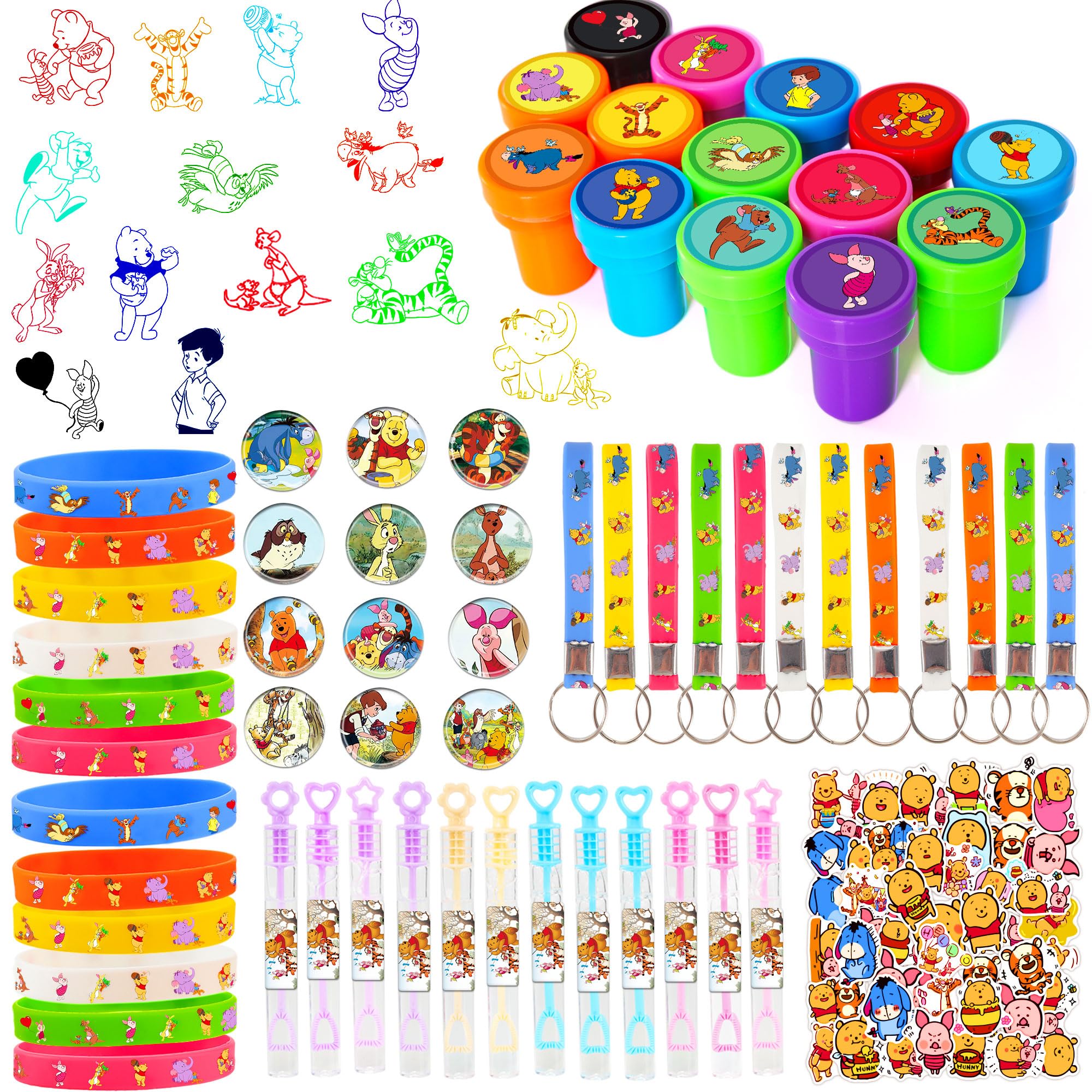 Nacipier 124PCS Bear Baby Shower Party Favor Supplies, Themed Birthday Decorations Including 12 Bracelets, 12 Keychains, 12 Button Pins, 50 Stickers, 14 Stampers, 12 Bubble Wands and Stickers