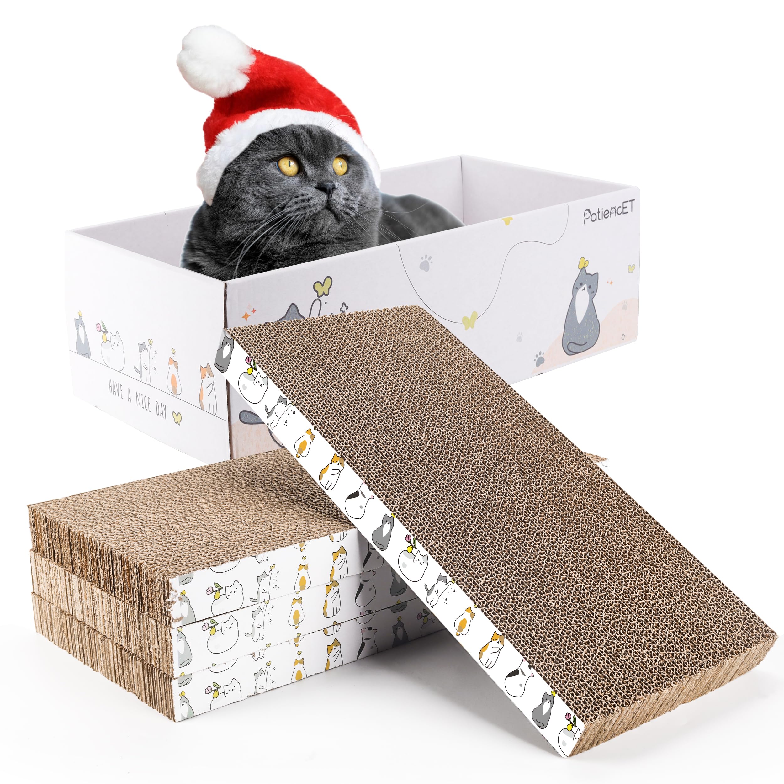 PatiencET 4 Pack Cat Scratch Pad with Box, Cardboard Cat Scratcher for Indoor Cats, Reversible Scratcher with Catnips Box Bed Desigh for Small Medium Cat Kitten, Scratching Board for Cats