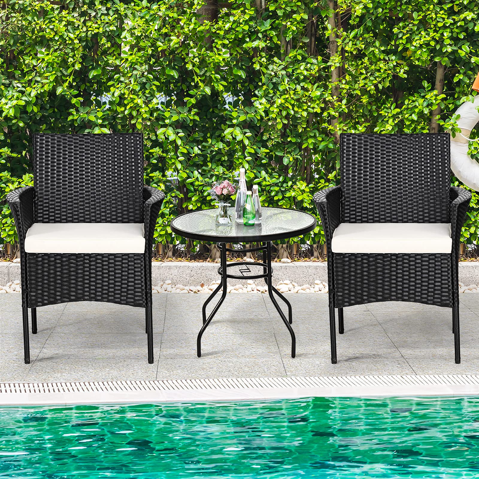 Patio Chairs Set of 2, All Weather Rattan Wicker Dining Chairs with Soft Removable Cushions, Armrest, Outdoor Dining Chairs for Garden, Pool, Backyard, Lawn, Porch, Black