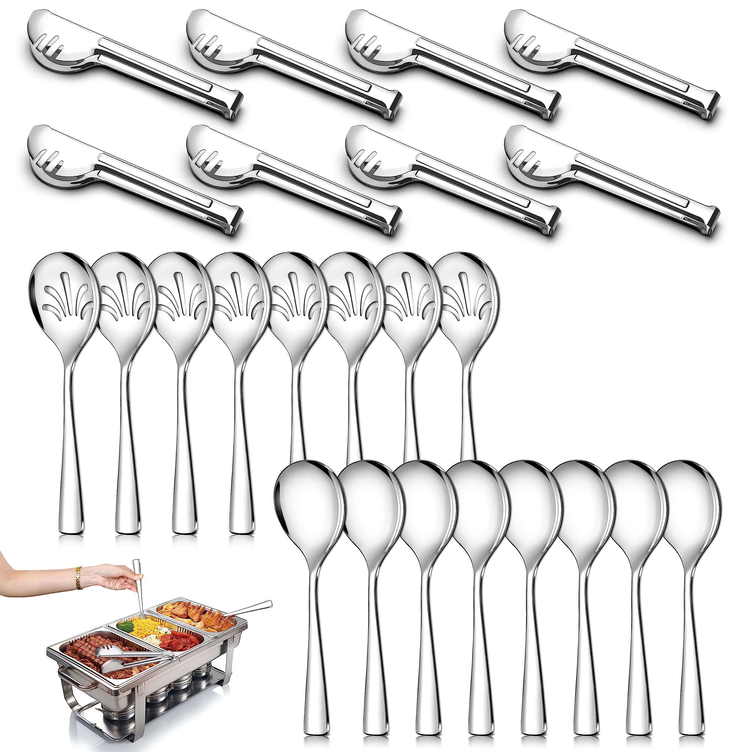 24 Pack Stainless Steel Large Serving Utensils Set - 10" Serving Spoons x 8, 10" Slotted Spoons x 8, and 9" Serving Tongs x 8 by Teivio, for Buffet, Chafing Dish, Catering Supplies (Silver)